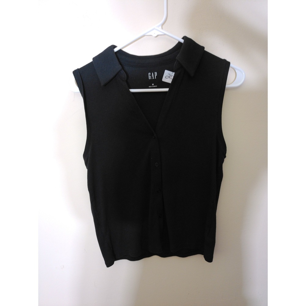 GAP Sleeveless Polo Top Women M Black Vtg Inspo Ribbed Knit Button Front 2001
